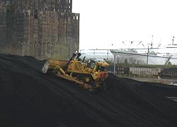[photo, Caterpillar bulldozer pushing coal, Conrail coal yard, Baltimore, Maryland]